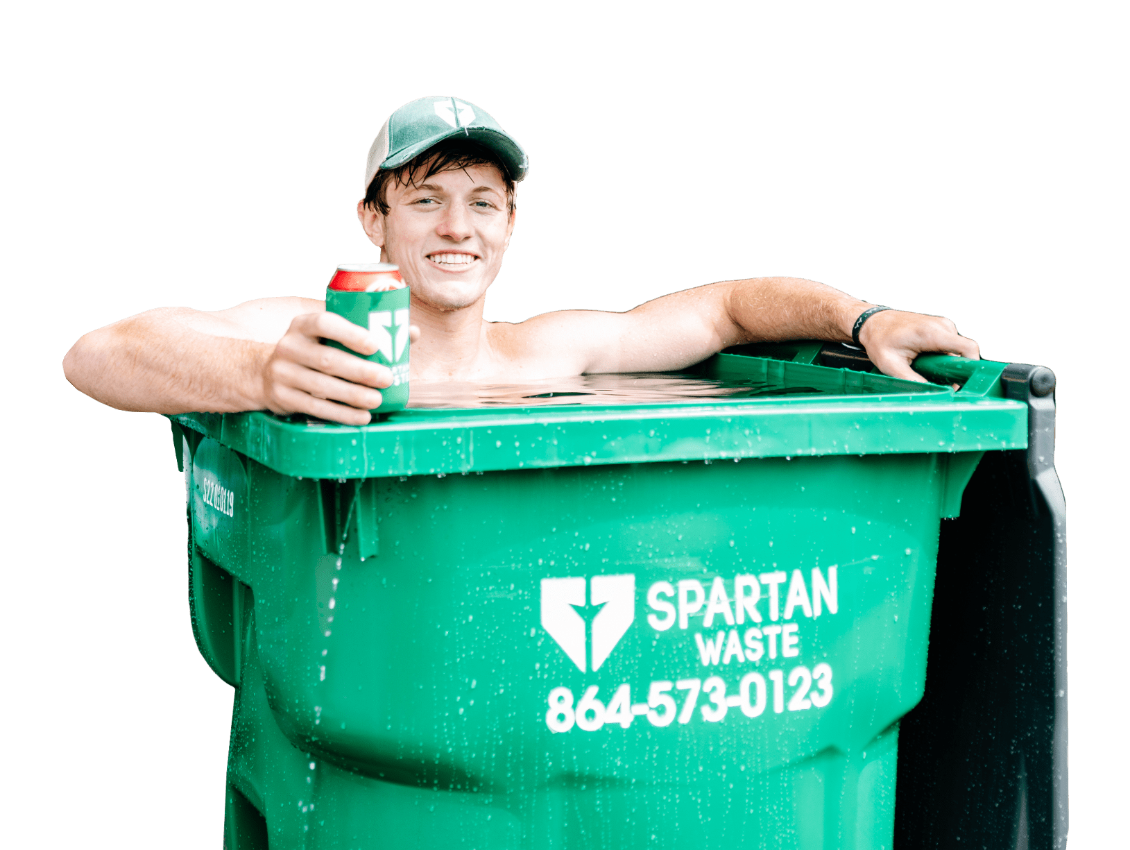 Funny image of Spartan Waste employee lounging in a trash can filled with water.